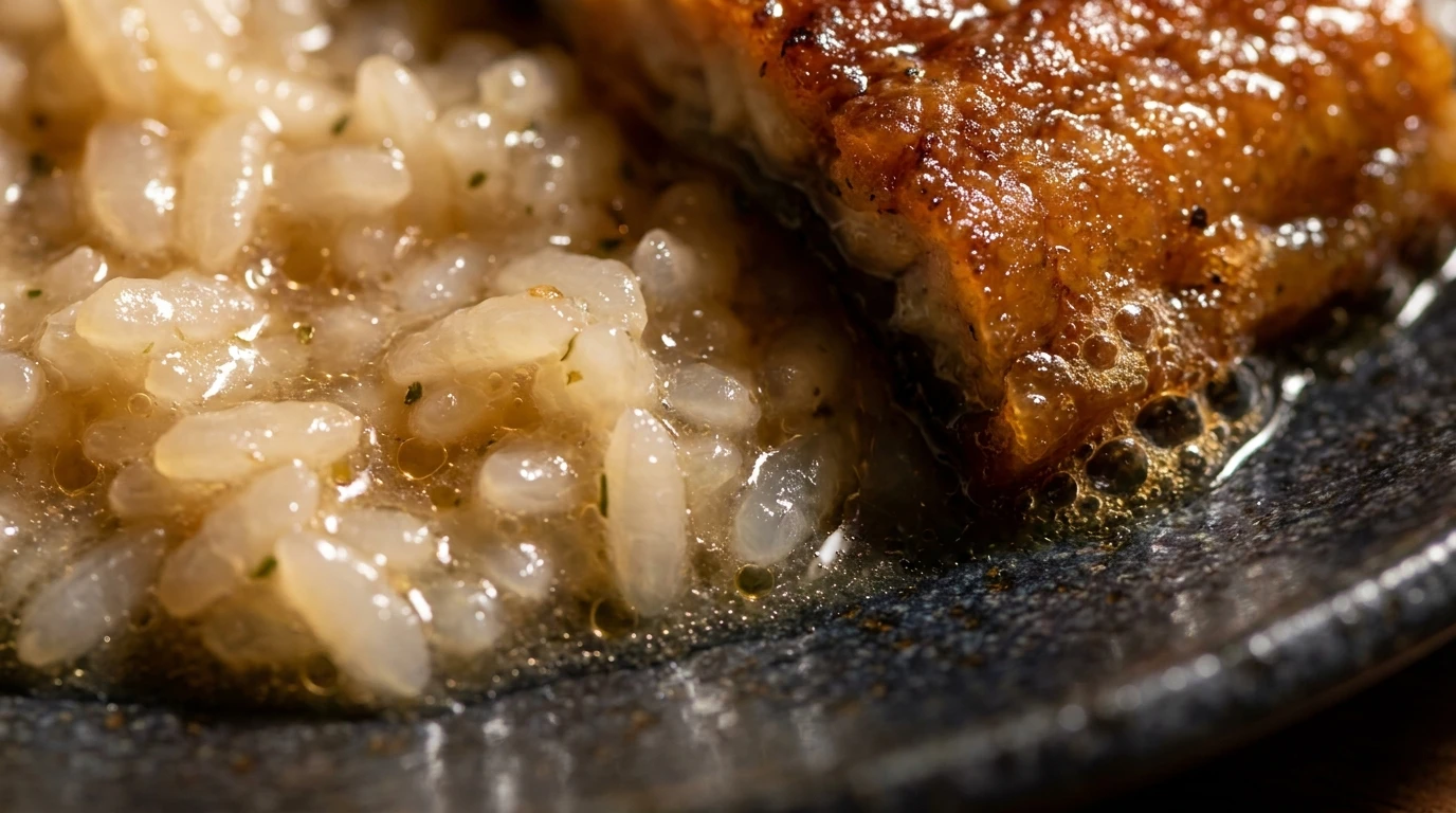 Receta de Arroz del Delta del Ebro con Anguila Braseada, Galeras de Lonja y Cangrejo Azul D.O.P. - Nacarado Cristalino del Grano Gleva D.O.P. y Expansión Térmica