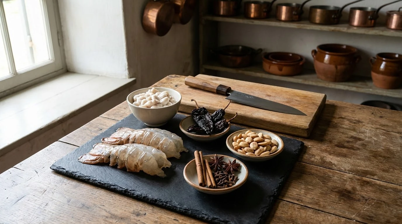 Receta de Cigalas con Pulpa de Cacao y Mole Especiado - Mise en Place de Precisión y Extracción Marina