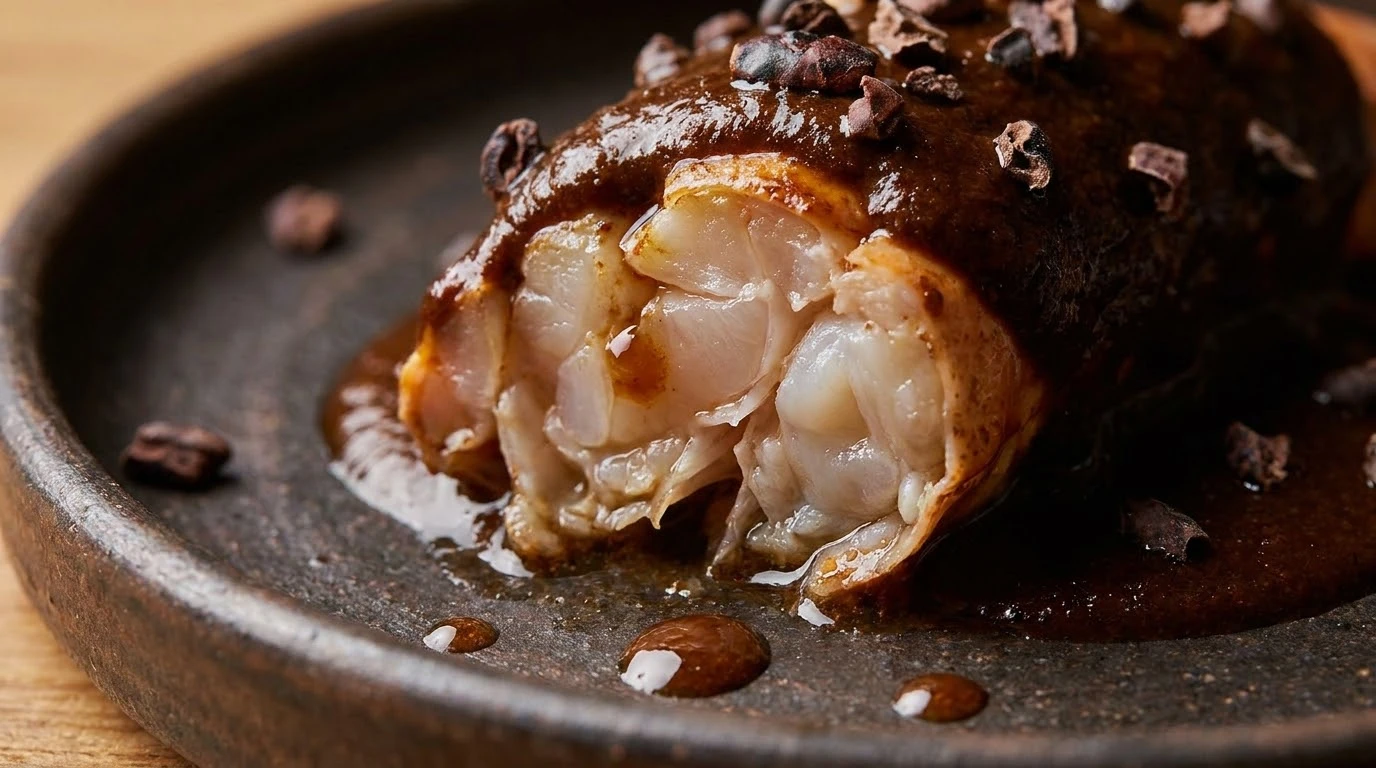 Receta de Cigalas con Pulpa de Cacao y Mole Especiado - Emplatado Geométrico de Alta Cocina y Armonía Final