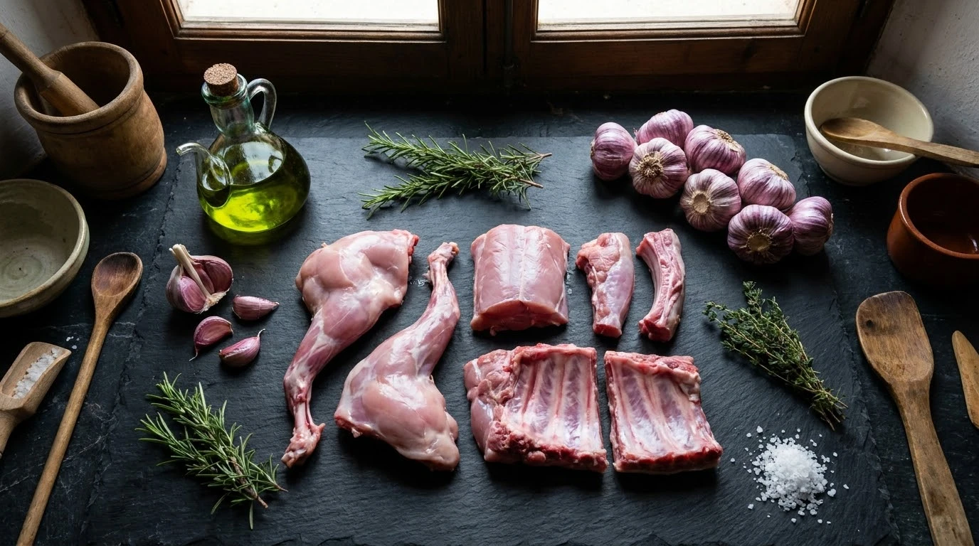 Receta de Conejo al Ajillo Canónica de Autor - Mise en Place y Acondicionamiento Térmico del Conejo