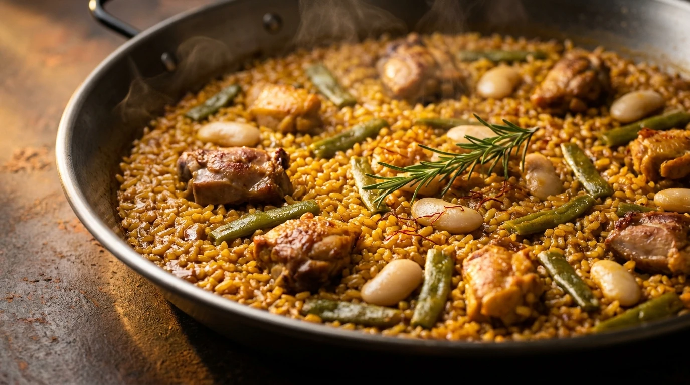 Receta de Paella Valenciana Tradicional a la Leña con Arroz D.O.P. y Socarrat Canónico - Distribución Diametral del Grano ('El Cavalló') y Cocción Tumultuosa