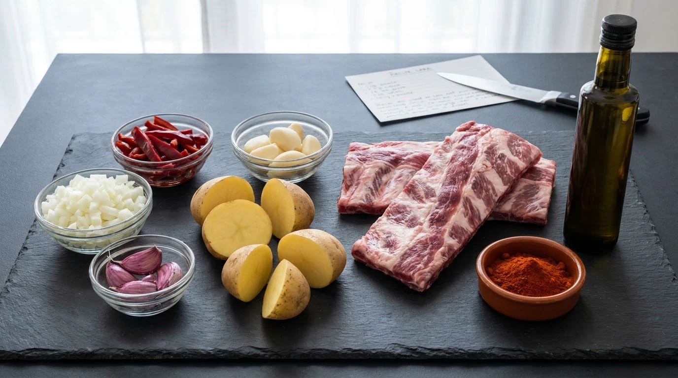 Receta de Guiso de Patatas con Costillas de Cerdo Ibérico: Maestría Termodinámica y Elogio a la Patata Nacional - Mise en Place de Precisión, Corte Botánico y Triscado Mecánico