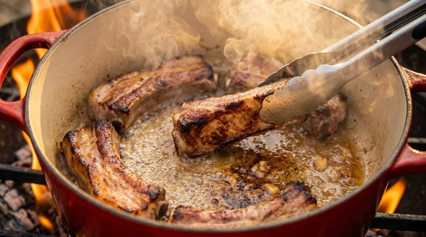 Receta de Guiso de Patatas con Costillas de Cerdo Ibérico: Maestría Termodinámica y Elogio a la Patata Nacional - Pirolisis Controlada, Reacción de Maillard y Sellado de Costillar