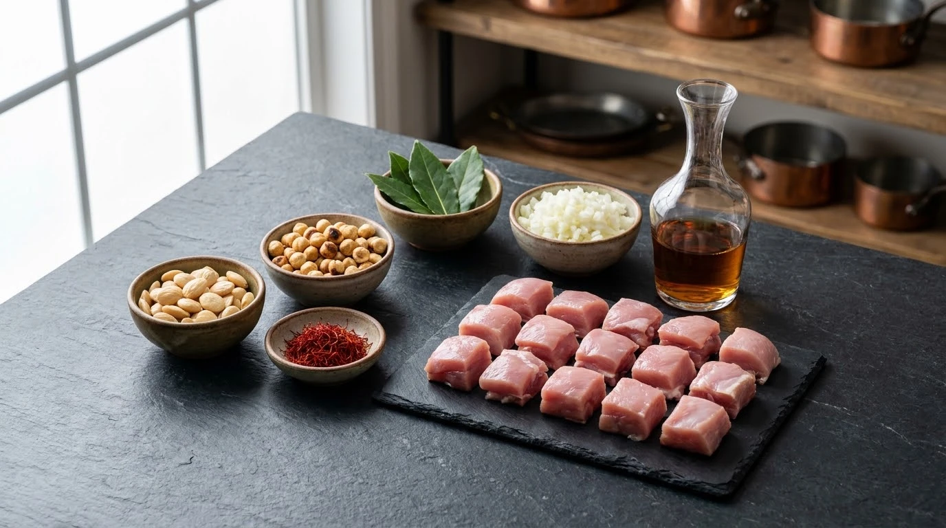 Receta de Pavo Guisado con Frutos Secos: Tradición de Alta Cocina, Almendra Marcona y Avellana de Reus - Mise en Place de Precisión, Salmuera Seca y Acondicionamiento Térmico