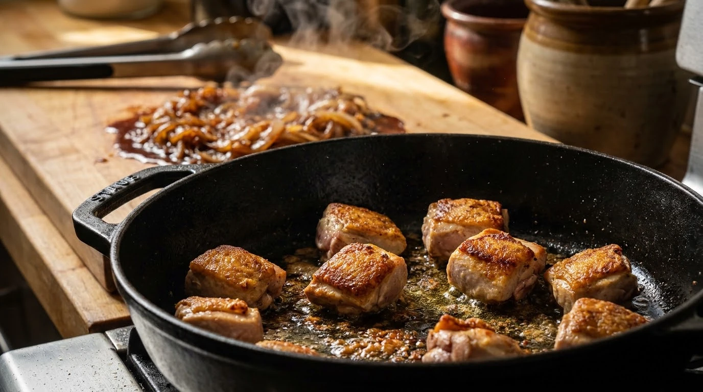 Receta de Pavo Guisado con Frutos Secos: Tradición de Alta Cocina, Almendra Marcona y Avellana de Reus - Reacción de Maillard Controlada y Tostado Aromático