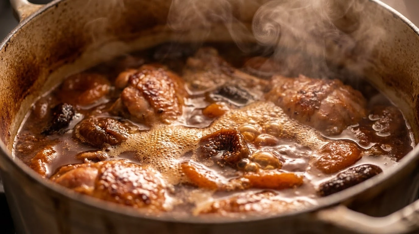 Receta de Pavo Guisado con Frutos Secos: Tradición de Alta Cocina, Almendra Marcona y Avellana de Reus - Cocción Termodinámica Lenta y Gelatinización de Tejidos