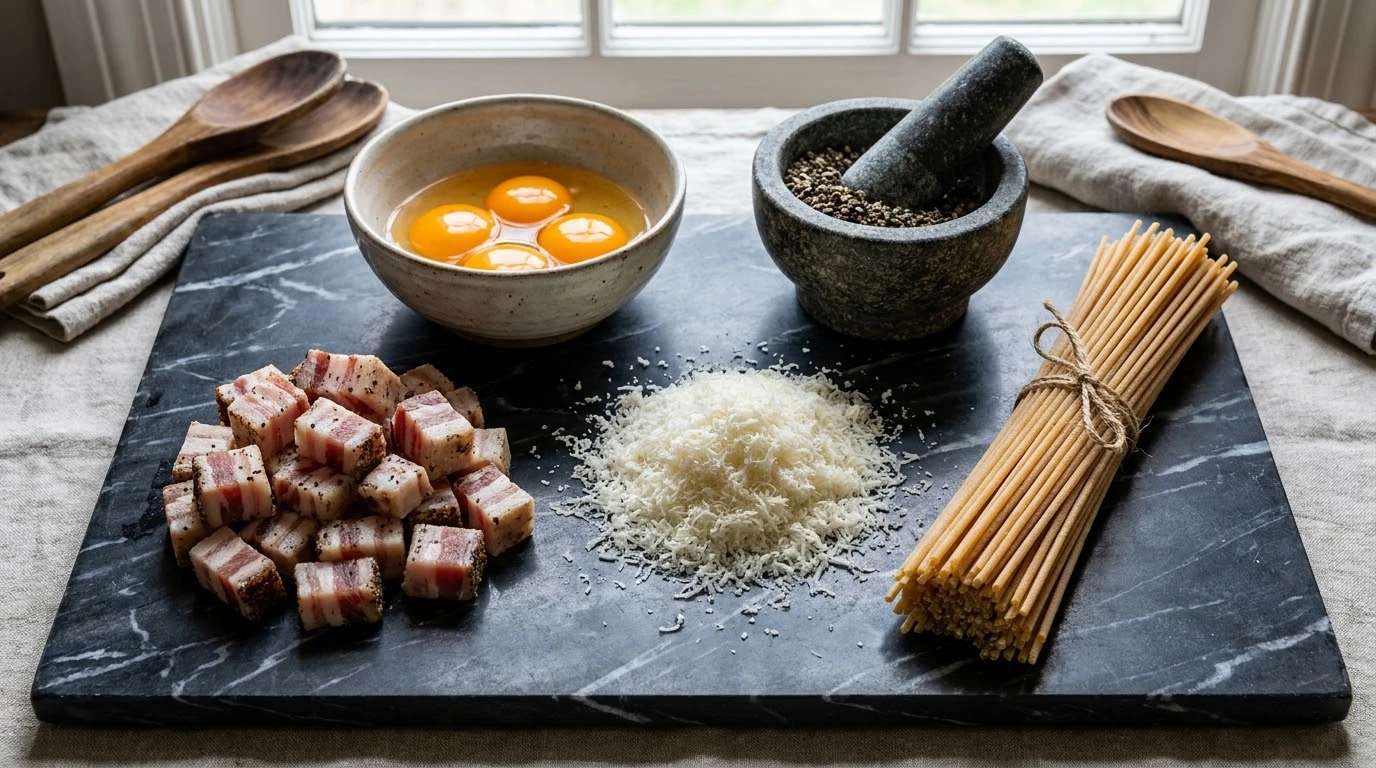 Receta de Spaghetti alla Carbonara Canónica Tradicional Romana - Mise en Place y Preparación de Aromáticos