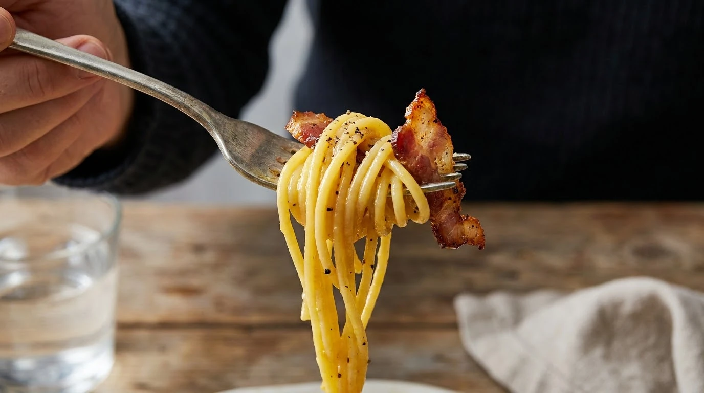 Receta de Spaghetti alla Carbonara Canónica Tradicional Romana - Emplatado y Detalle Final