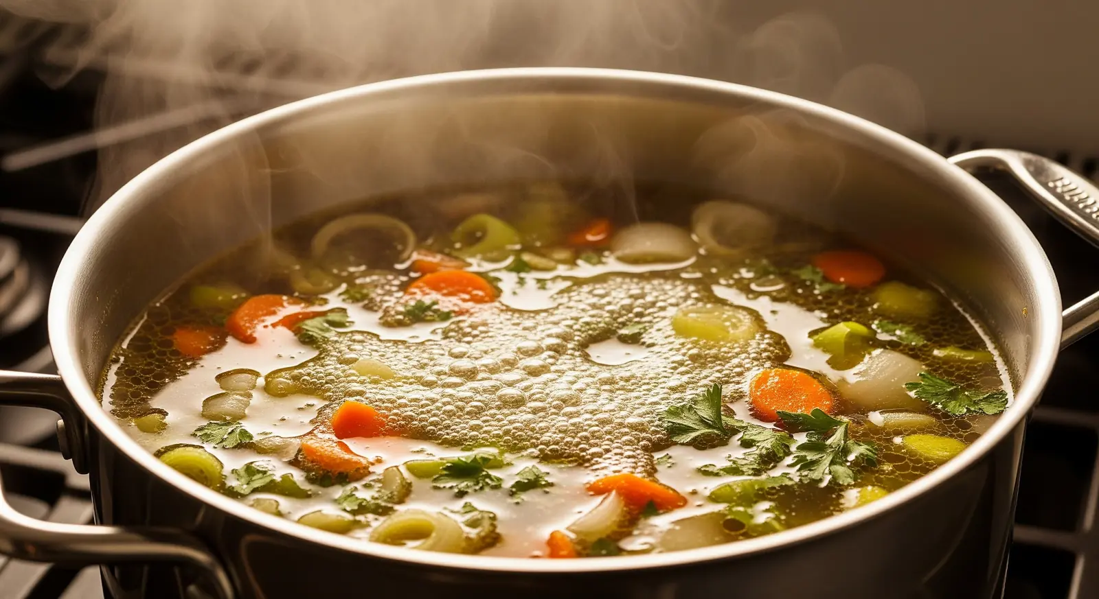 Caldo hirviendo con las verduras