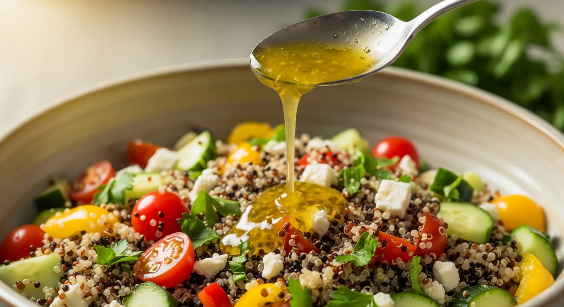 El aderezo de la ensalada de quinoa