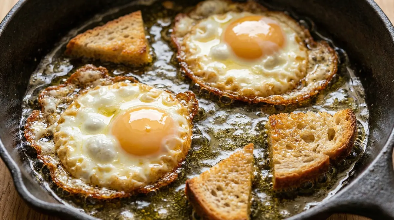 Pollo a la Marengo: Pan frito y huevos fritos