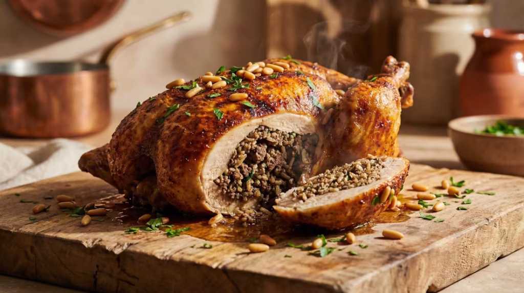 Pollo Asado Relleno de Arroz y Frutos Secos (Dajaj Mahshi): La Receta Levantina más Jugosa y Aromática Paso a Paso